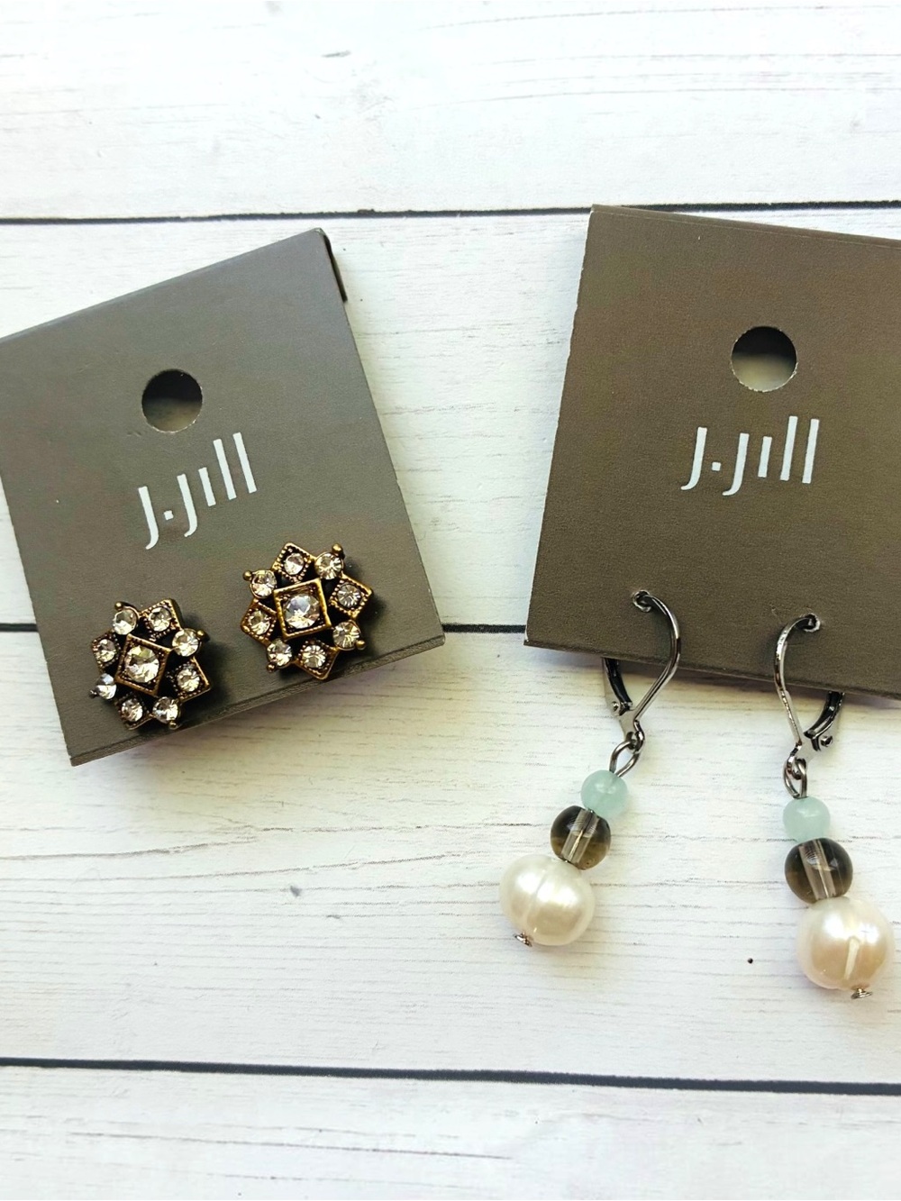 NEW NWT J. Jill Gold Crystal Studs & Silver Pearl Dangle Earrings Set Lot of 2